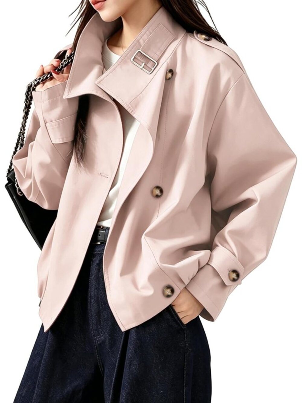 Women's Pink Retro Oversized Funnel Neck Pocket Windbreaker Cropped Trench Coat